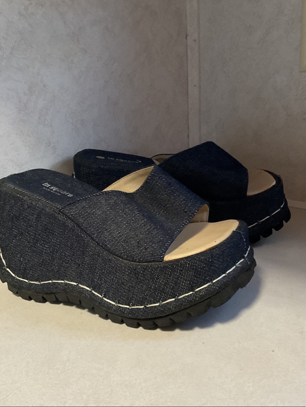 In Square Platform Denim Wedge Mule Slides — Y2K Vintage